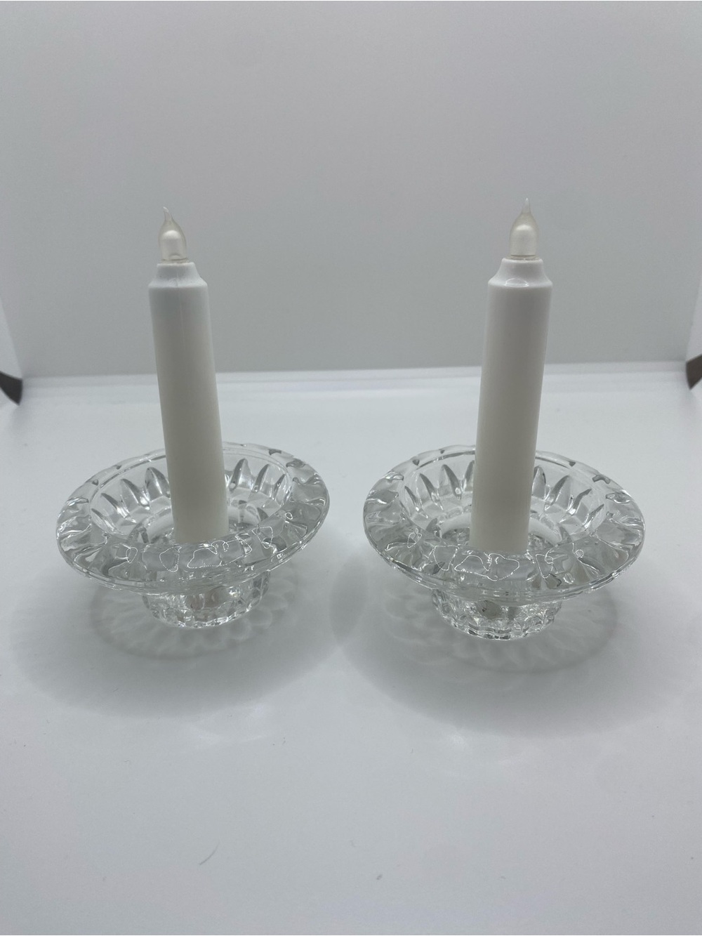 Vtg KIG Malaysia Clear Crystal Pressed Glass Tapered Candle Stick Holders Set 2